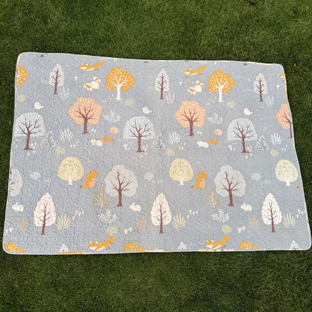 A+ Miimer Woodland Forest Animals Quilted Play Mat Slip Resistant Blue 59x41
